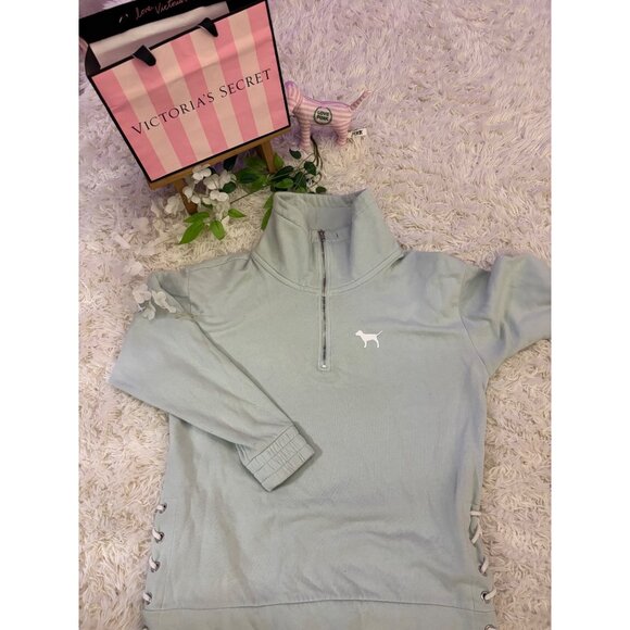 Victorias Secret Pink Quarter-Zip Pullover Sweatshirt Size S Teal - Picture 1 of 16